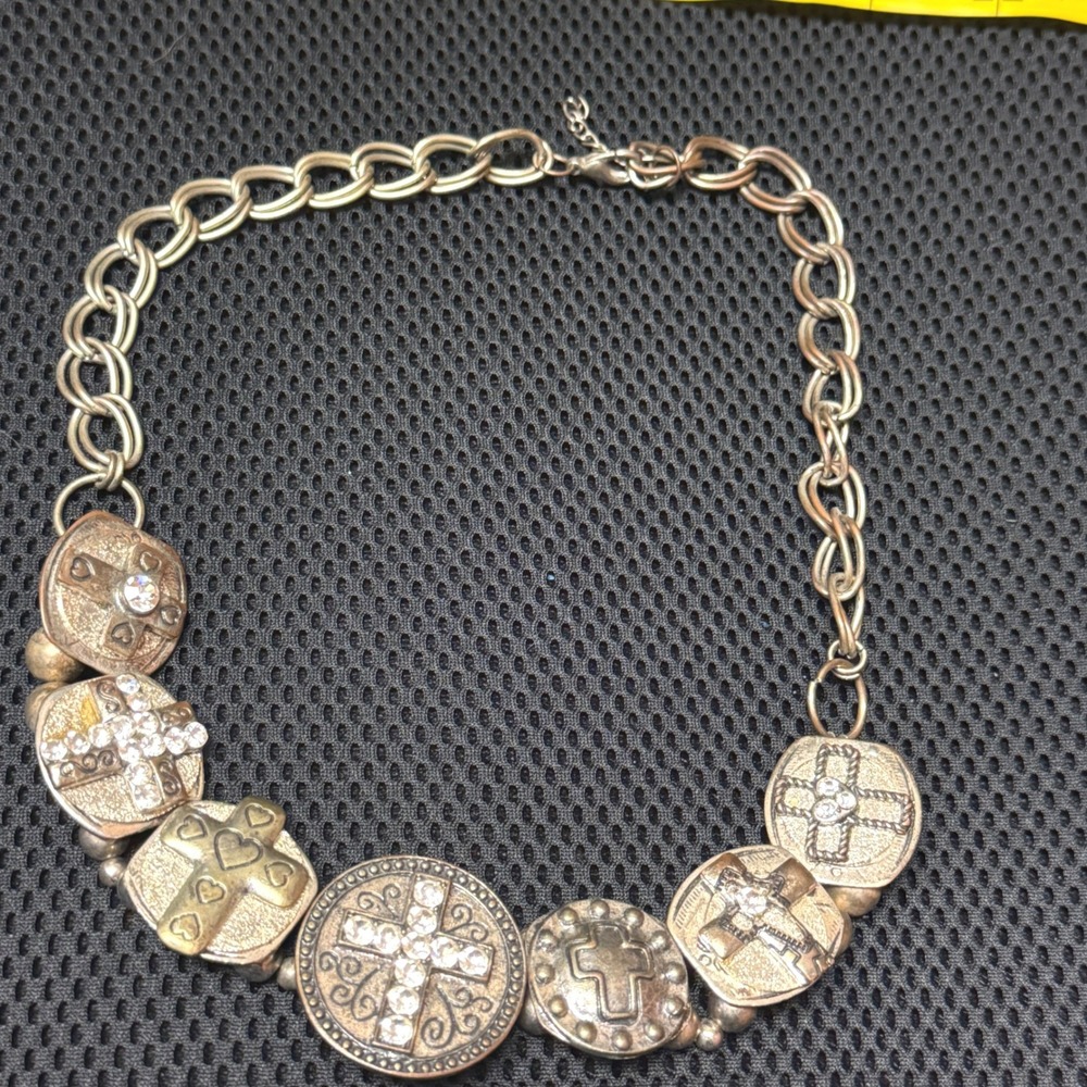 Vintage Style Pewter Tone Rhinestone Cross Medallion Statement Necklace 21.5" - Picture 7 of 7